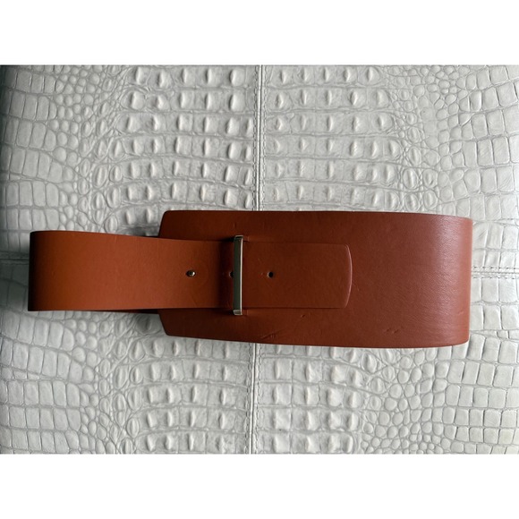 Zara Wide Waist Belt Corset Copper Brown Leather Gold Buckle Fashion Accessory - Picture 1 of 9